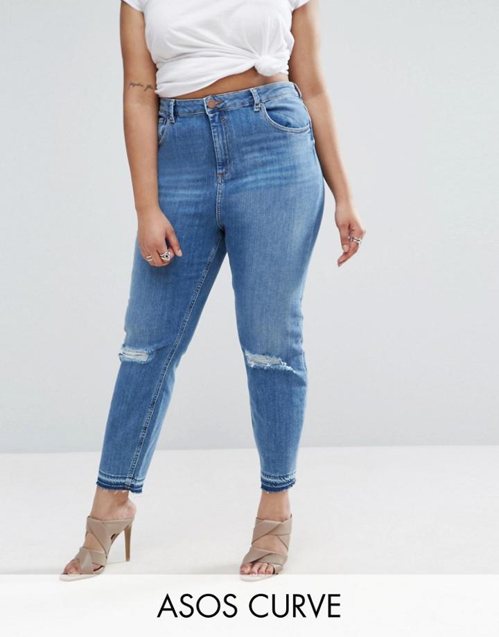 Asos Curve Farleigh Slim Mom Jeans In Hawthorn Busted Knees With Let Down Hem - Blue