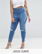 Asos Curve Farleigh Slim Mom Jeans In Hawthorn Busted Knees With Let Down Hem - Blue