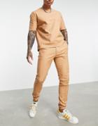 Asos Design Smart Skinny Pant With Cuff In Tan Cotton Linen - Part Of A Set-brown