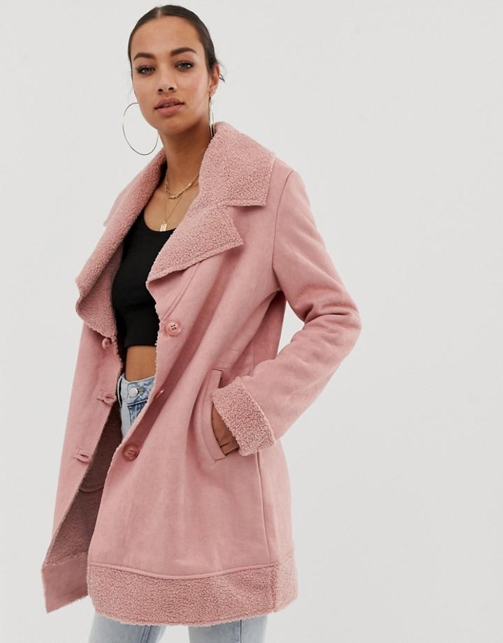 In The Style Faux Shearling And Suede Revere Collar Coat - Pink