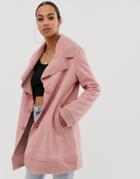 In The Style Faux Shearling And Suede Revere Collar Coat - Pink