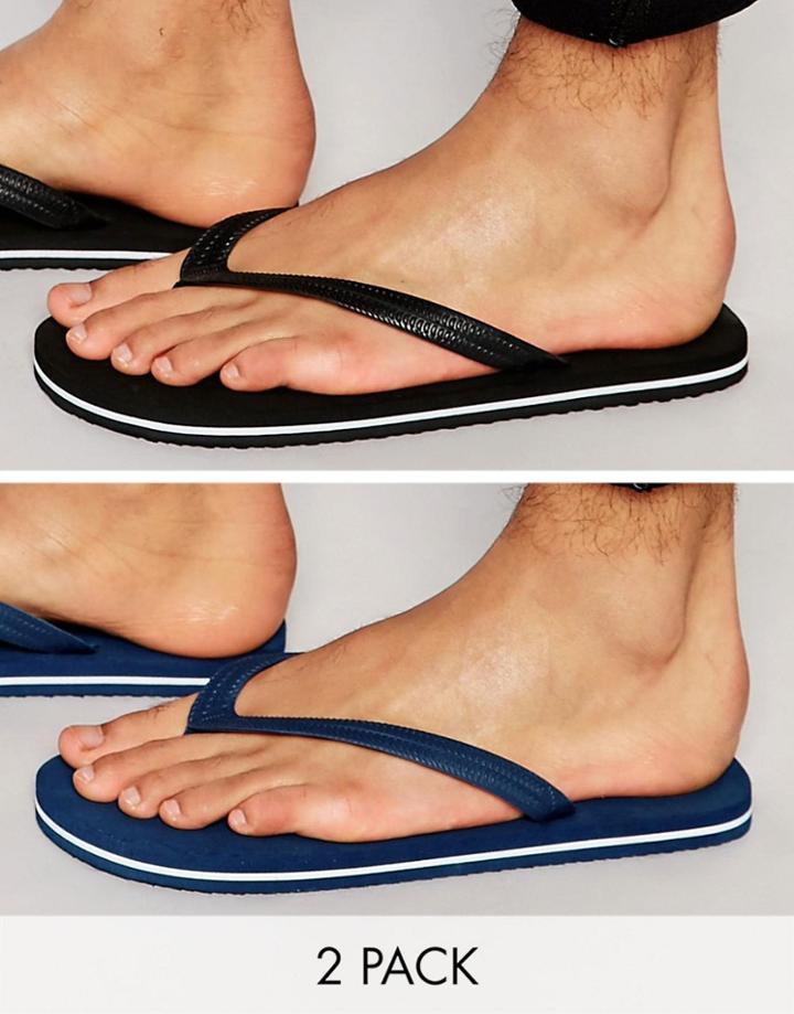 Asos Flip Flops 2 Pack In Black And Navy Save 20%