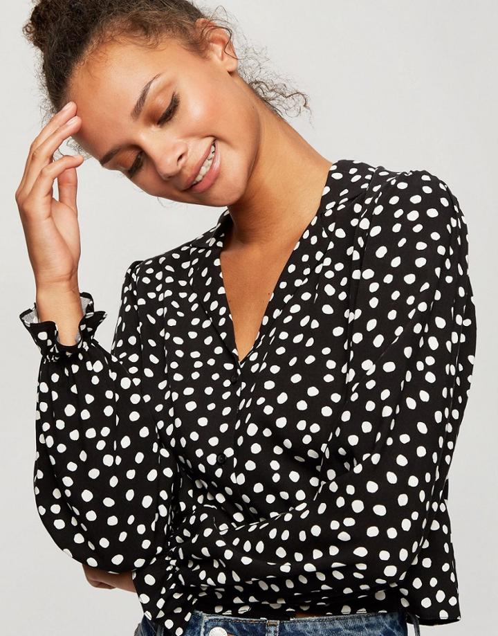 Miss Selfridge Ruched Sleeve Shirt In Black & White Spot-blues