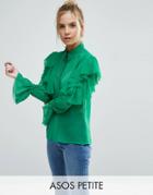 Asos Petite Deconstructed Ruffle Cold Shoulder Blouse With Tie Detail - Green
