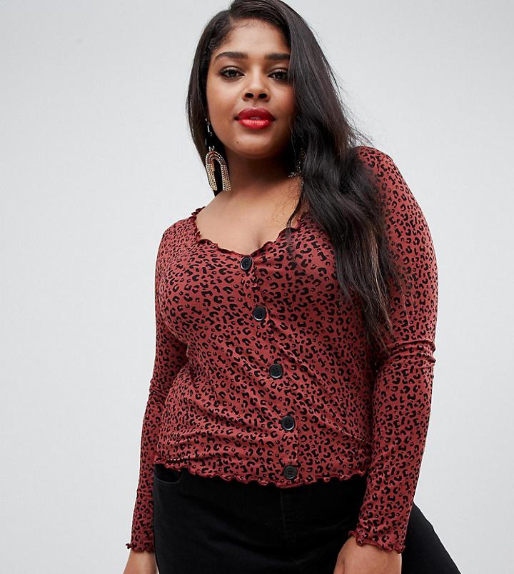 Asos Design Curve Button Front Top With Long Sleeve In Leopard Animal Print-multi