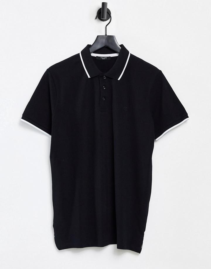 Jack & Jones Premium Tipped Polo With Chest Embroidery In Black