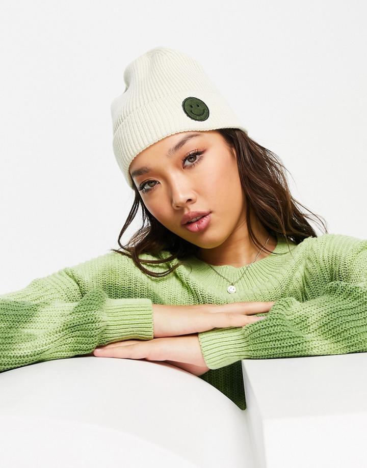 Noisy May Ribbed Beanie With Smile Face In Cream-white