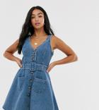 Asos Design Petite Denim Skater Button Through Dress With Belt In Blue - Blue