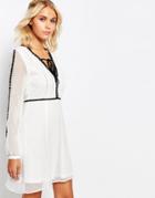 Fashion Union Smock V Neck Dress With Sheer Sleeves And Contrast Trimmings - White