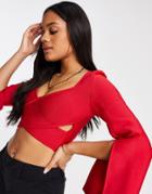 Band Of Stars Bandage Wrap Over Crop Top With Slit Flare Sleeves In Raspberry-red