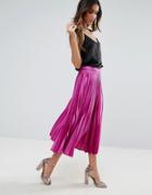 Asos Satin Pleated Midi Skirt With Thigh Split - Purple