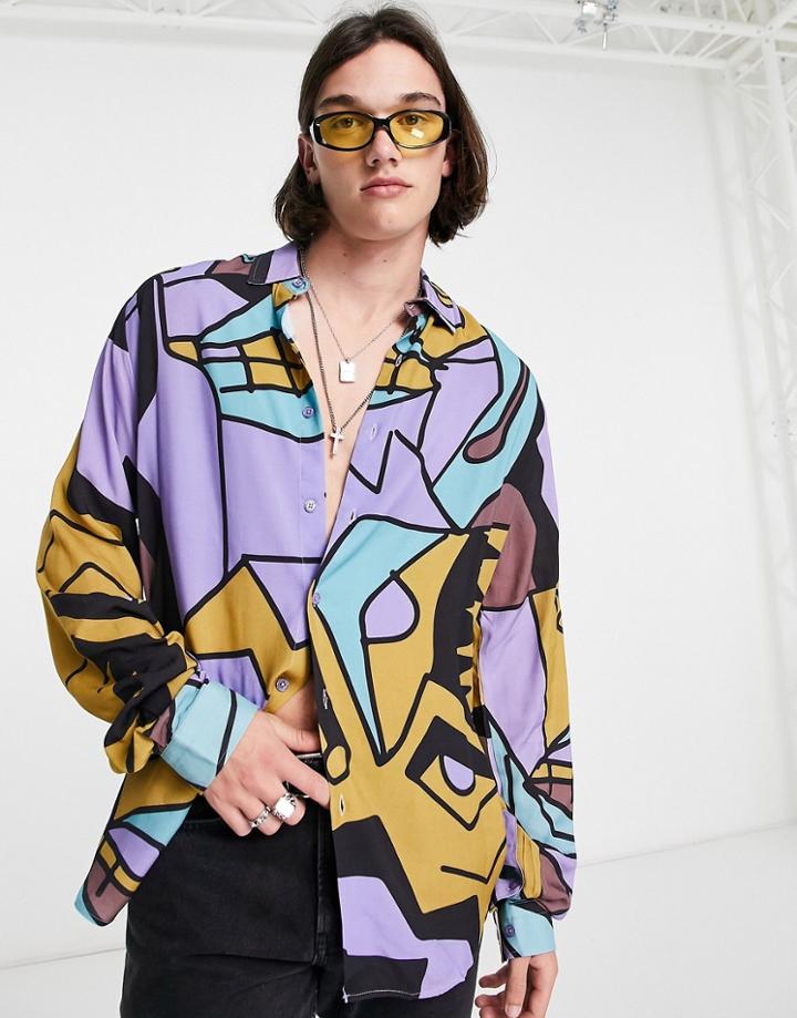 Vintage Supply Long Sleeve Shirt All Over Abstract Print In Blue-purple