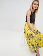 Warehouse Floral Printed Pleat A-line Midi Skirt - Yellow