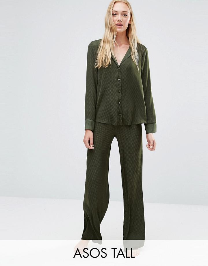 Asos Tall Newton Satin Jacquard Spot Shirt & Wide Leg Pyjama Set - Gre