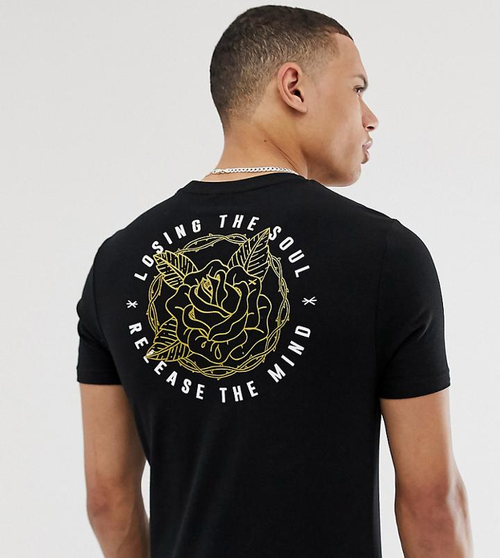 Asos Design Tall Skinny T-shirt With Gold Foil Line Drawn Back Rose Print - Black