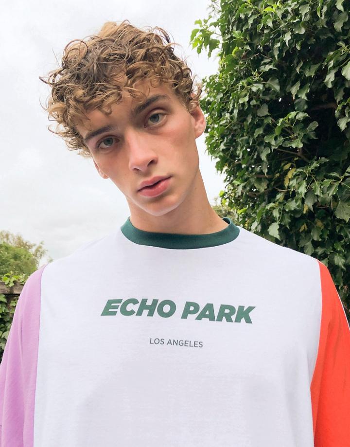 Asos Design Extreme Oversized Longline T-shirt With Color Block And Text Print-white