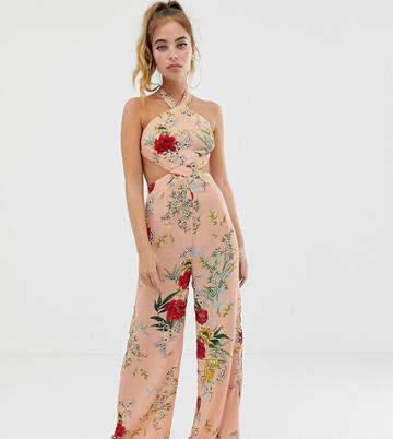 Boohoo Petite Wide Leg Jumpsuit In Pink Floral With Cut Out Detail - Multi