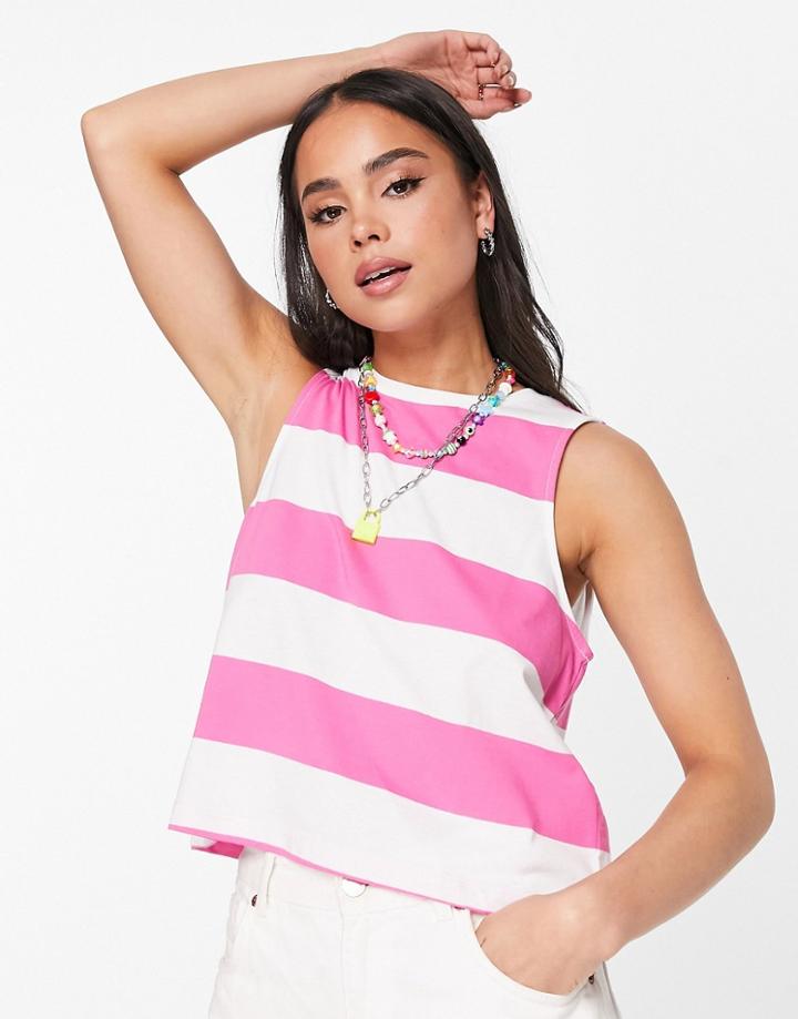 Noisy May High Neck Sleeveless Tank Top In Pink Stripe-multi