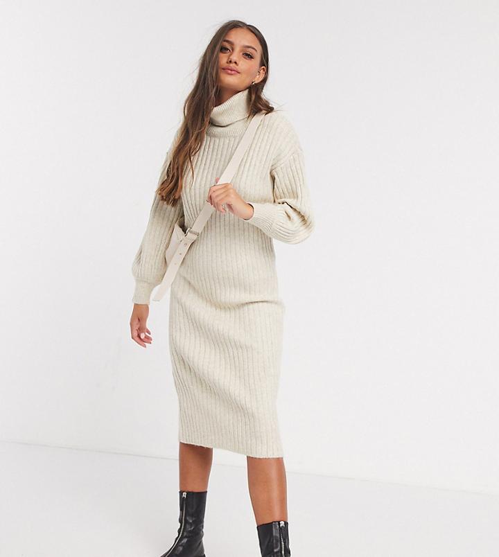 Asos Design Petite Midi Rib Dress With Cowl Neck-neutral