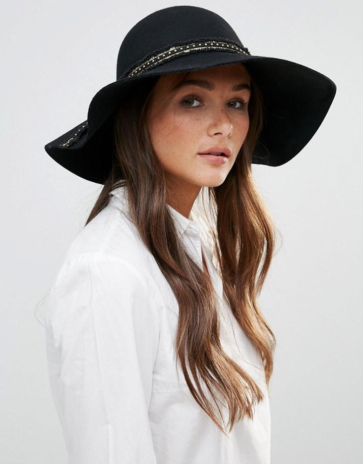 Vixen Embellished Trim Floppy Hat - Black