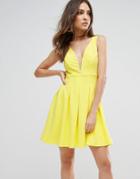 Club L Structured Plunge Detailed Skater Dress - Yellow
