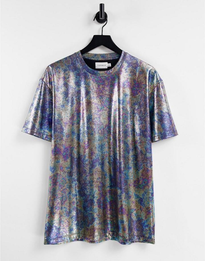 Topman Oversized Fit T-shirt With All Over Metallic Print-silver