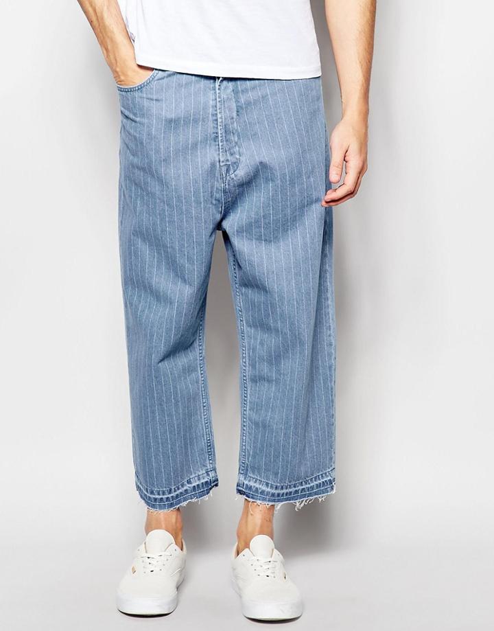 Asos Super Wide Leg Jeans With Pinstripe Detail - Light Blue