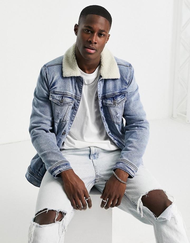 Hollister Sherpa Lined Denim Trucker Jacket In Light Wash-blue