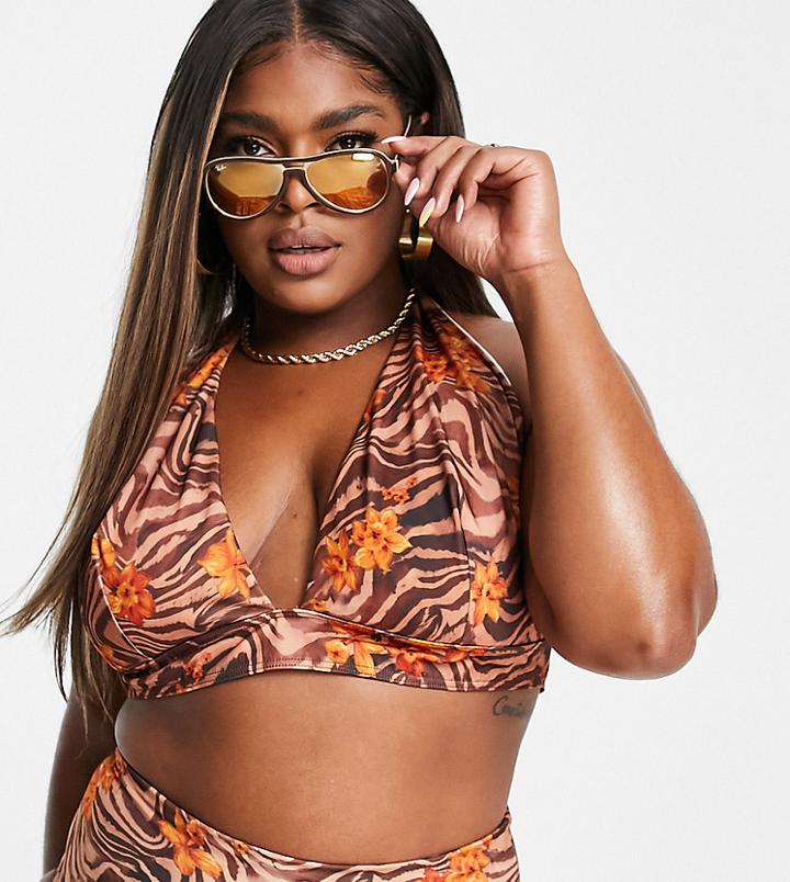 Asos Design Curve Mix And Match Halter Plunge Bikini Top In Zebra Tropical-multi