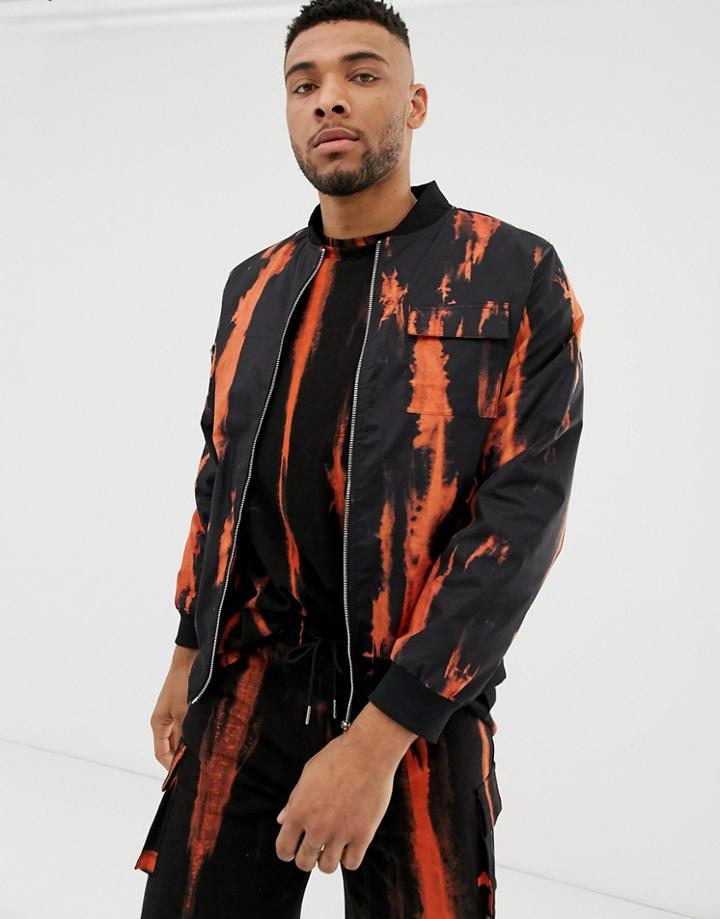 Liquor N Poker Stripe Tie Die Bomber Jacket In Orange - Black