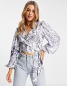 In The Style X Lorna Luxe Exaggerated Balloon Sleeve Wrap Front Blouse In Mono Print-white