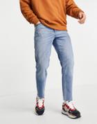 Asos Design Classic Rigid Jeans In Mid Wash With Raw Hem-blues