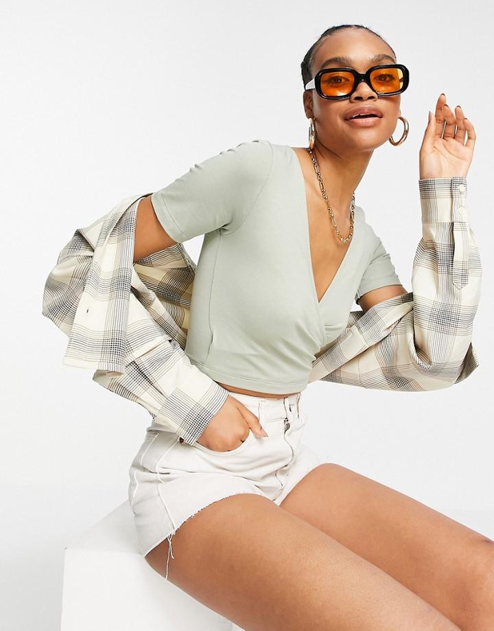 Asos Design Short Sleeve Wrap Front Crop Top In Mint-green