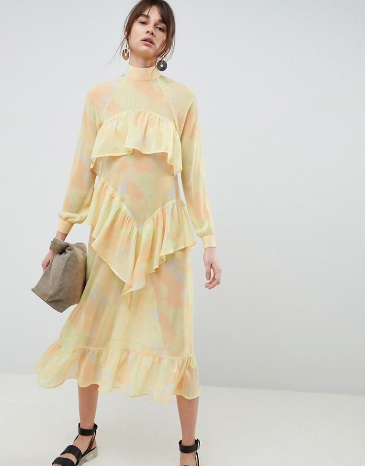 Asos White Printed Chiffon Maxi Dress - Yellow