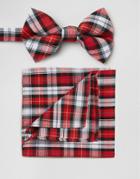 Asos Plaid Bow Tie And Pocket Square Pack - Red