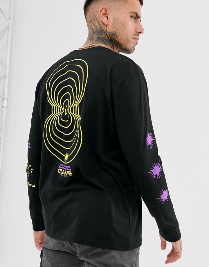 Asos Design Relaxed Long Sleeve T-shirt With Abstract Back And Sleeve Print - Black