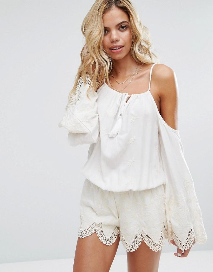 Surf Gypsy Crochet Hem Beach Romper - Cream