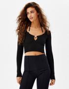 Bershka Strap Detail Clasp Front Crop Top In Black