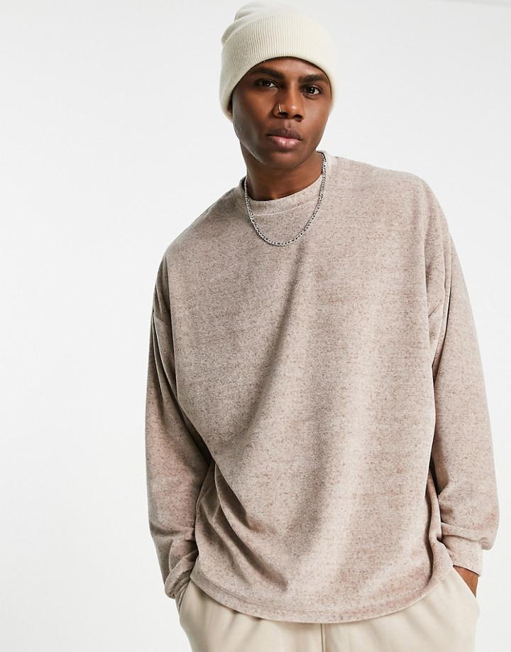 Asos Design Relaxed Long Sleeve T-shirt In Beige Velour Heather-gray