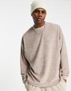 Asos Design Relaxed Long Sleeve T-shirt In Beige Velour Heather-gray