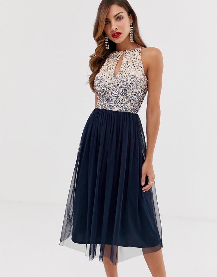 Little Mistress Halter Neck Detail Skater Dress-navy