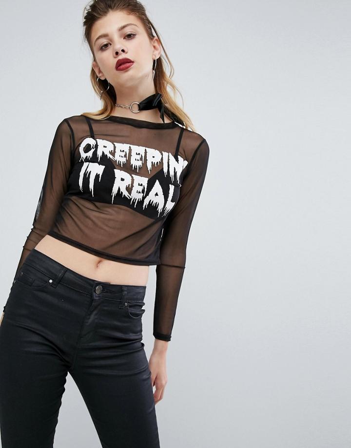 Prettylittlething Halloween Mesh Crop Top - Black