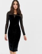 Qed London Velvet Bodycon Dress With Mesh Panels - Black