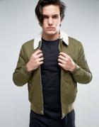 New Look Harrington Jacket With Fleece Collar In Khaki - Green