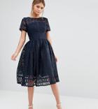 Chi Chi London Premium Lace Dress With Cutwork Detail And Cap Sleeve In Navy - Navy