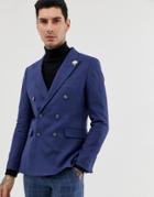 Gianni Feraud Double Breasted Slim Fit Linen Blend Jacket-navy
