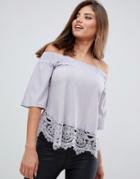 Ax Paris Bardot 3/4 Sleeve Top With Lace Detail - Gray