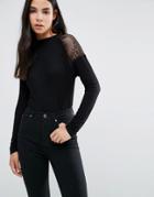 Vero Moda Rib Top With Lace Inserts - Black