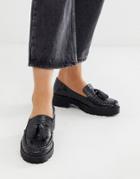 London Rebel Chunky Tassel Loafers In Black Croc - Black