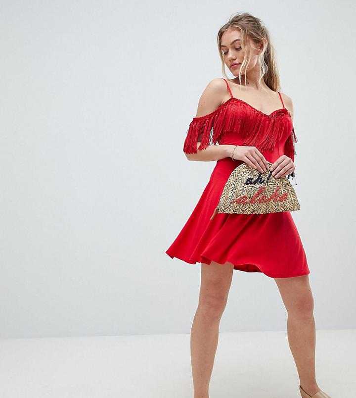Asos Design Petite Mini Sundress With Cold Shoulder And Tassel Detail - Red